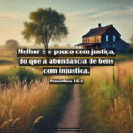 Imagem artística de paisagem com texto 'Melhor é o pouco com justiça - Provérbios 16:8'